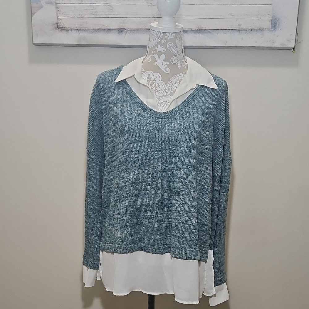 French Laundry Blue V-Neck Sweater with White Trim